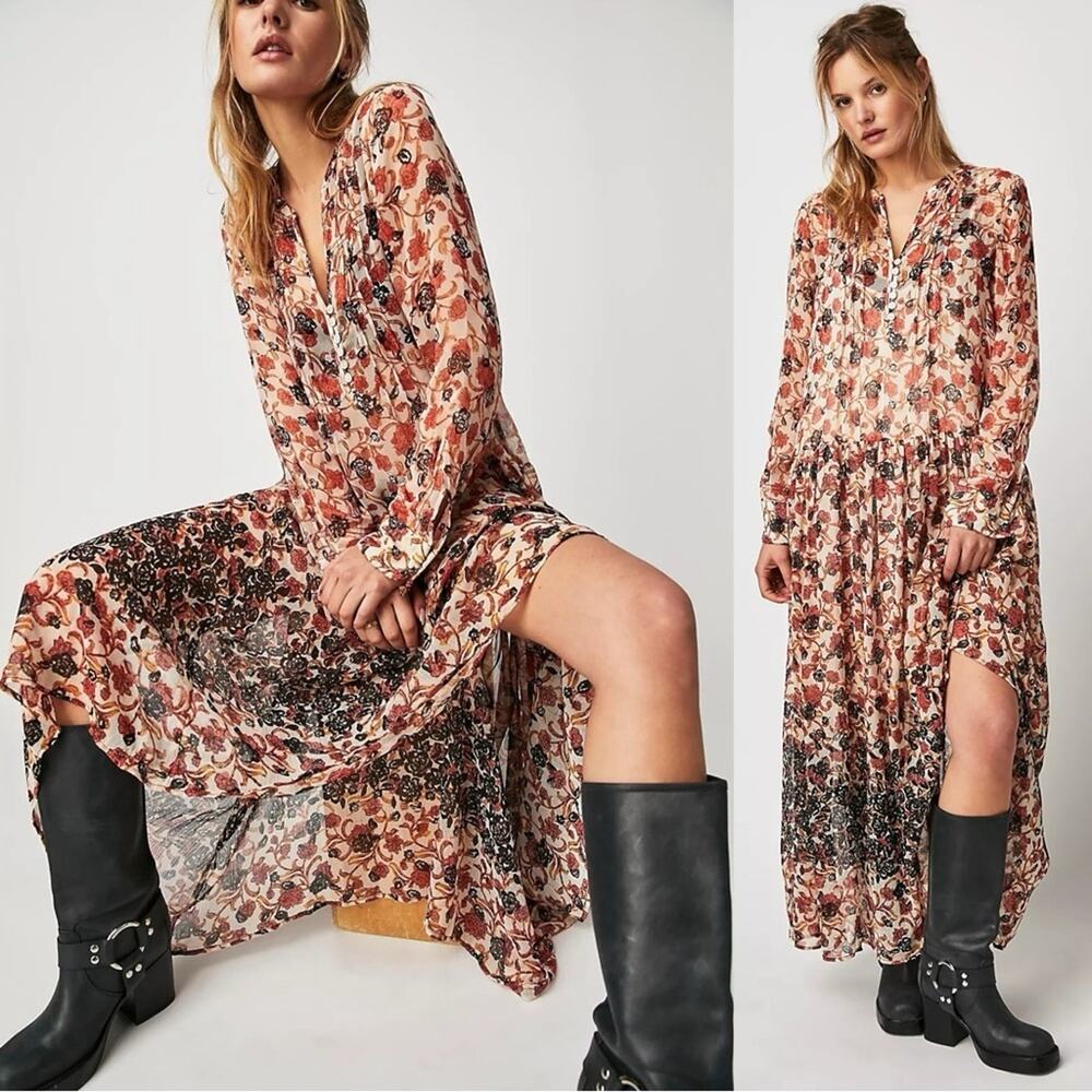Free People See It Through Dress in Tea Combo Size Large Bohemian Boho Floral - Picture 15 of 16